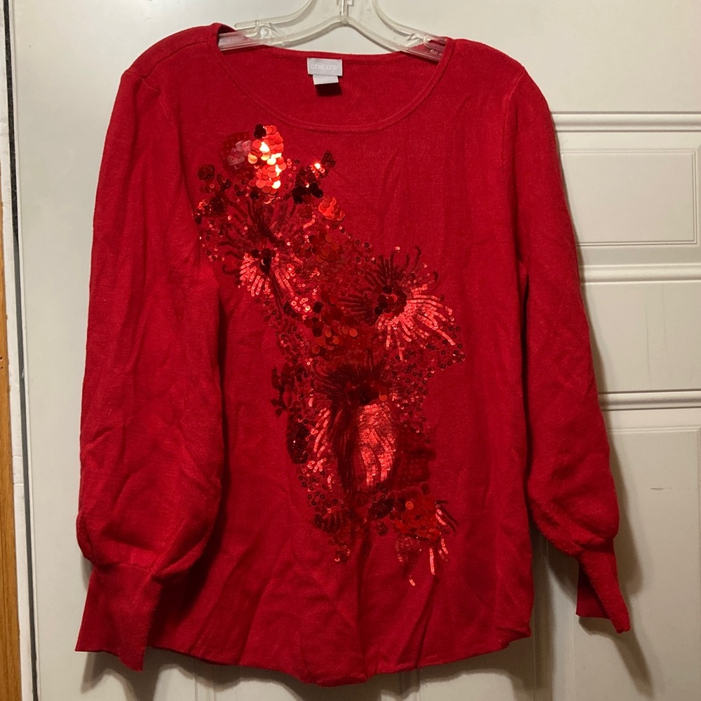 Chico's Red Sequin‎ Floral Sweater Top 1